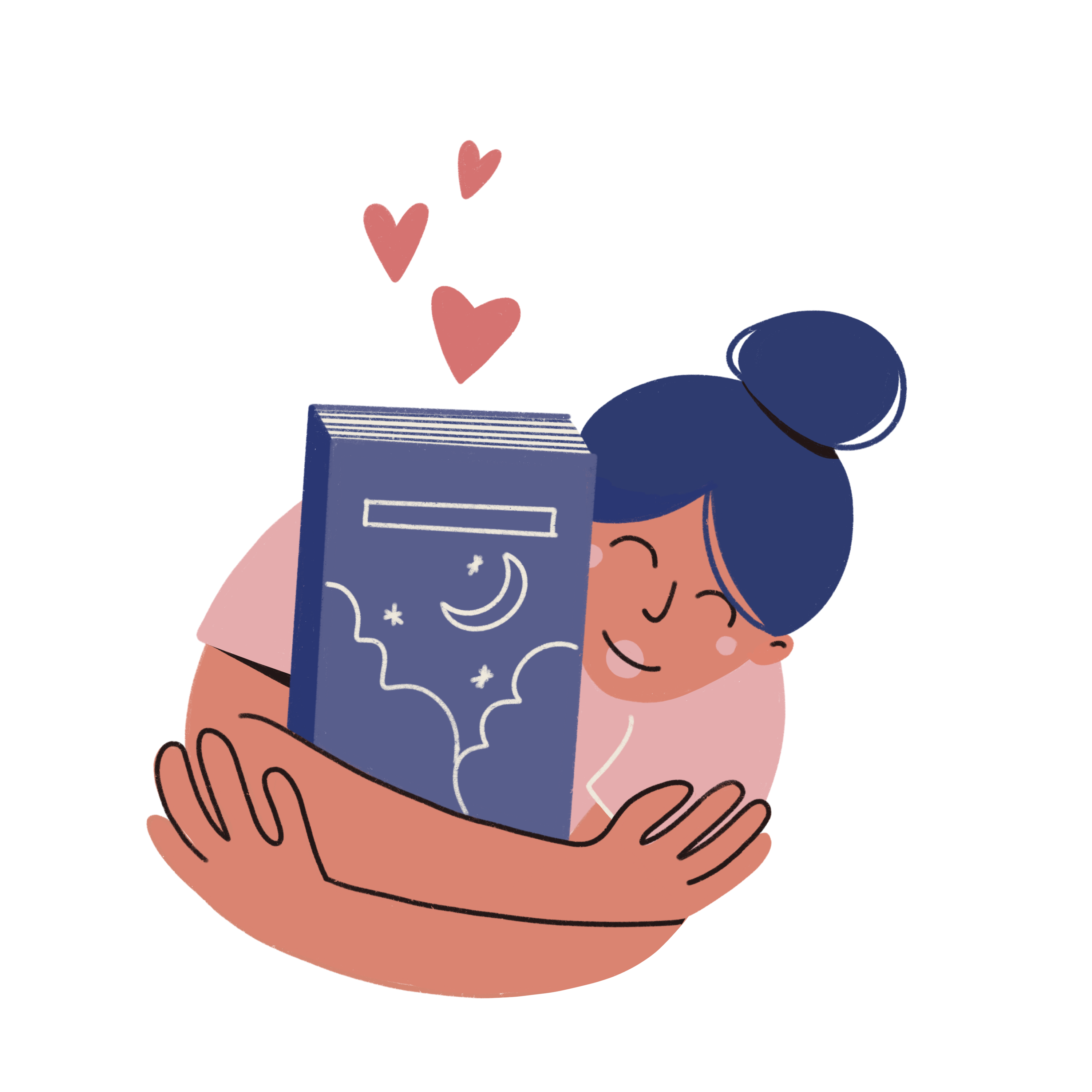 Ilustración de una mujer abrazando un libro